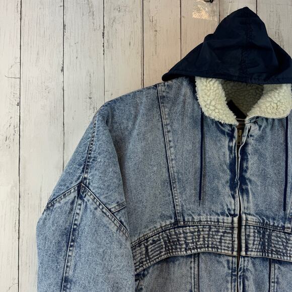 VTG 80's Hugo Valentino Acid Wash Sherpa Lined Denim Trucker Jacket Size Large - Picture 2 of 15
